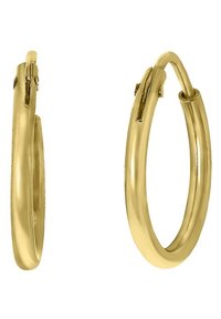 Boucles d'oreilles en or en forme d'anneau avec une finition lisse et brillante. Elles présentent une forme ovale fine et un mécanisme de fermoir sécurisé. Conception légère.