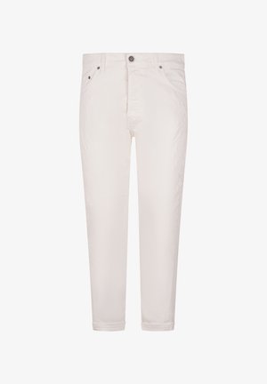 Białe, dopasowane spodnie z przodu zapinane na guziki i suwak, posiadające szlufki na pasek oraz boczne kieszenie, pokazane na płasko na białym tle.