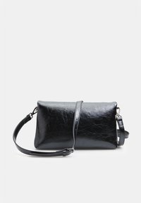 Black leather crossbody bag with a rectangular shape, smooth texture, minimalistic design, and a detachable strap. Features a subtle sheen.