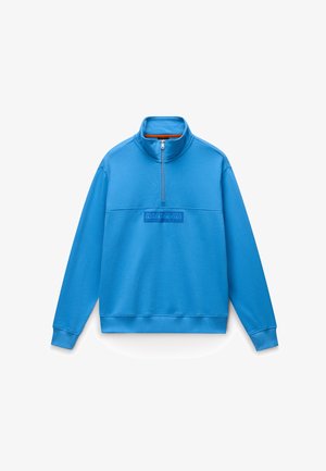 Pullover blu a maniche lunghe con zip a quattro vie, collo alto e patch logo "Napapijri Geographic" al centro del petto.