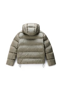 Hellgraue, gesteppt gepolsterte Winterjacke mit horizontalen Nähten, angenähter Kapuze, langen Ärmeln und Kordelzügen am Saum, von hinten gezeigt.