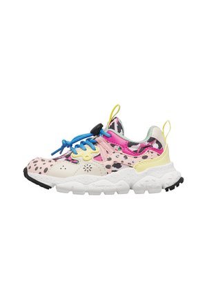 Chunky sneaker with pink and beige spotted pattern, blue elastic laces with toggle, yellow and white accents, and thick white sole.