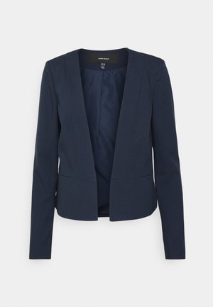 Marineblauw op maat gemaakte blazer met lange mouwen, open voorkant en twee voorzakken. Soepel stof met een gestructureerde pasvorm en minimalistisch ontwerp.