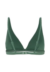 Zelený trojuholníkový bikiny top s textúrovanými popruhmi a vzorovaným pásom. Obsahuje nastaviteľné hardvérové prvky pre prispôsobiteľné nosenie.