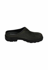 Mörkgröna slip-on klogs med en matt läderöverdel, svart gummisula och subtila stygn längs kanterna.