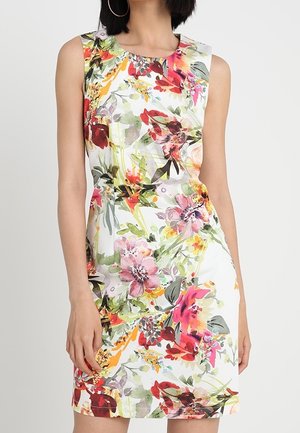 Sleeveless fitted dress with round neckline, featuring vibrant multicolor floral print on white background.