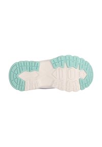 Schuhsohle mit einem gemusterten Design auf weißem Untergrund und mintgrünen Traktionselementen. Strukturierte Oberflächen verbessern die Griffigkeit und Haltbarkeit.