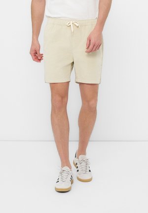 Mężczyzna ubrany w beżowe szorty ze ściągaczem, białe trampki z czarnymi paskami i białą koszulę, stojący na białym tle.