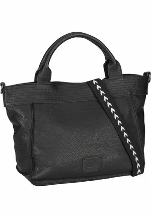 Sac à main en cuir noir avec une surface texturée, doubles poignées supérieures et une bandoulière amovible ornée d'un motif en zigzag blanc.
