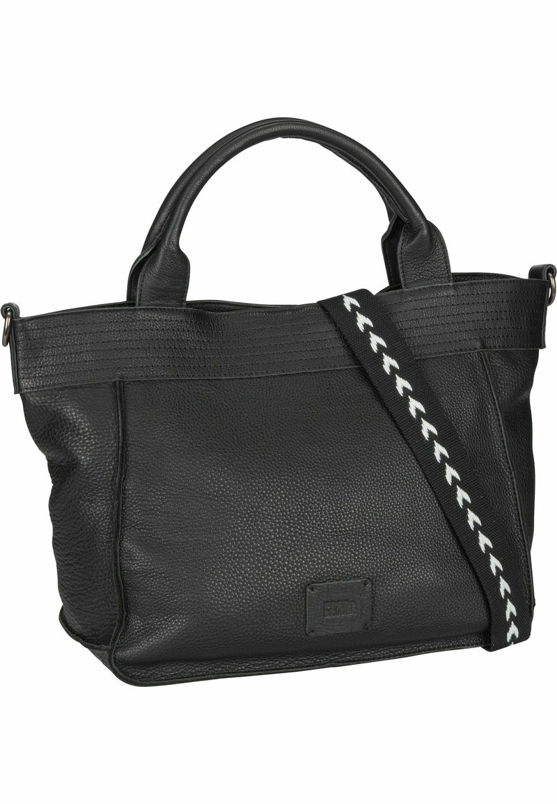 Svart läderhandväska med texturerad yta, dubbla handtag upptill och en avtagbar rem med ett vitt zigzag-mönster.