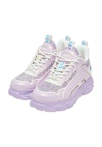 Purple glitter sneakers with a chunky sole, featuring white laces, a padded collar, and branded tabs in blue and yellow accents.