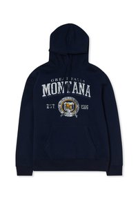 Granatowy hoodie z dużą kieszenią z przodu, kapturem ze sznurkiem oraz graficznym nadrukiem z napisem "Great Falls Montana" i logo. Wykonany z bawełny.