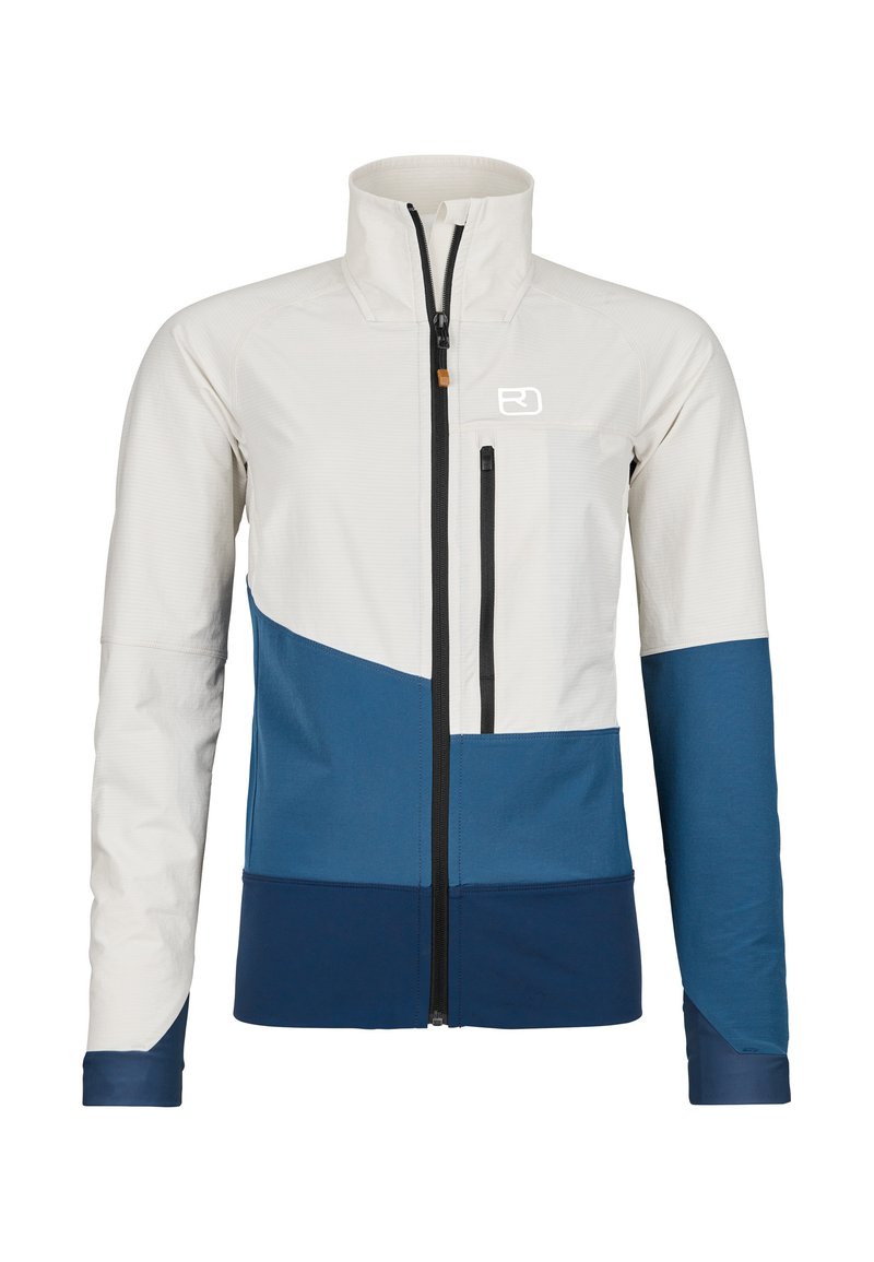 Lightweight jacket featuring a mix of white and blue colors, zip front, high collar, and a chest pocket with zip closure.