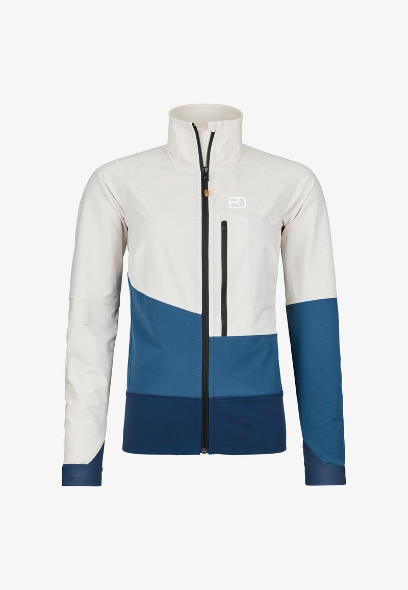 Lightweight jacket featuring a mix of white and blue colors, zip front, high collar, and a chest pocket with zip closure.