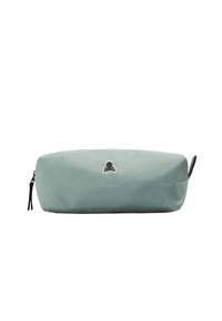 Funda rectangular de color gris claro con cremallera, con un pequeño emblema de calavera y huesos cruzados en la parte central frontal y un tirador en el lateral.
