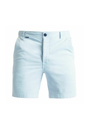 Light blue cotton shorts with a flat front, button closure, and side pockets. Features subtle texture and a straight leg design.