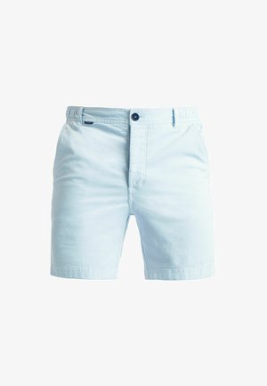 Light blue cotton shorts with a flat front, button closure, and side pockets. Features subtle texture and a straight leg design.