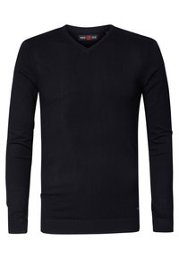 Maglione a V nero, con maniche lunghe, polsini e bordo a costine, realizzato in un tessuto liscio, presenta un marchio minimale sul lato sinistro inferiore.