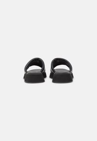 Black slide sandals featuring a rounded cut, smooth leather upper, and thick rubber sole with a slight platform for comfort.