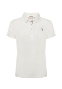 Polo bianco con colletto classico, patta con bottoni e logo ricamato sul petto. Realizzato in tessuto morbido e dalla texture piacevole.