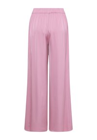 Pantaloni a gamba larga rosa in tessuto satinato morbido e con vita elastica. Presentano un design semplice senza motivi o dettagli visibili.