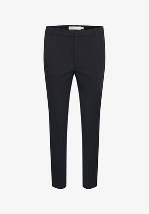Pantalons en tissu extensible marine avec une coupe ajustée, passants de ceinture, poches latérales et une finition lisse, adaptés à une tenue formelle ou professionnelle.