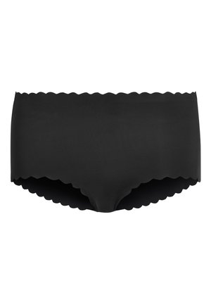 Czarne majtki typu boyshort z falbaniastymi brzegami, wykonane z gładkiego materiału. Posiadają bezszwowy design dla komfortu i dyskrecji.