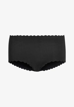 Sort boyshort undertøj med bølgede kanter, lavet af glat stof. Har et sømløst design for komfort og diskret brug.