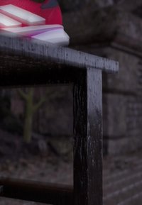 Zapatilla deportiva roja y blanca en el borde de un banco de madera negra con una pared de piedra y un árbol desenfocados al fondo.