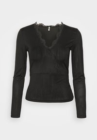 Svart langermet topp med ribbestruktur, omslagsdesign og blonder langs halslinjen. Tettsittende silhuett med en jevn finish.