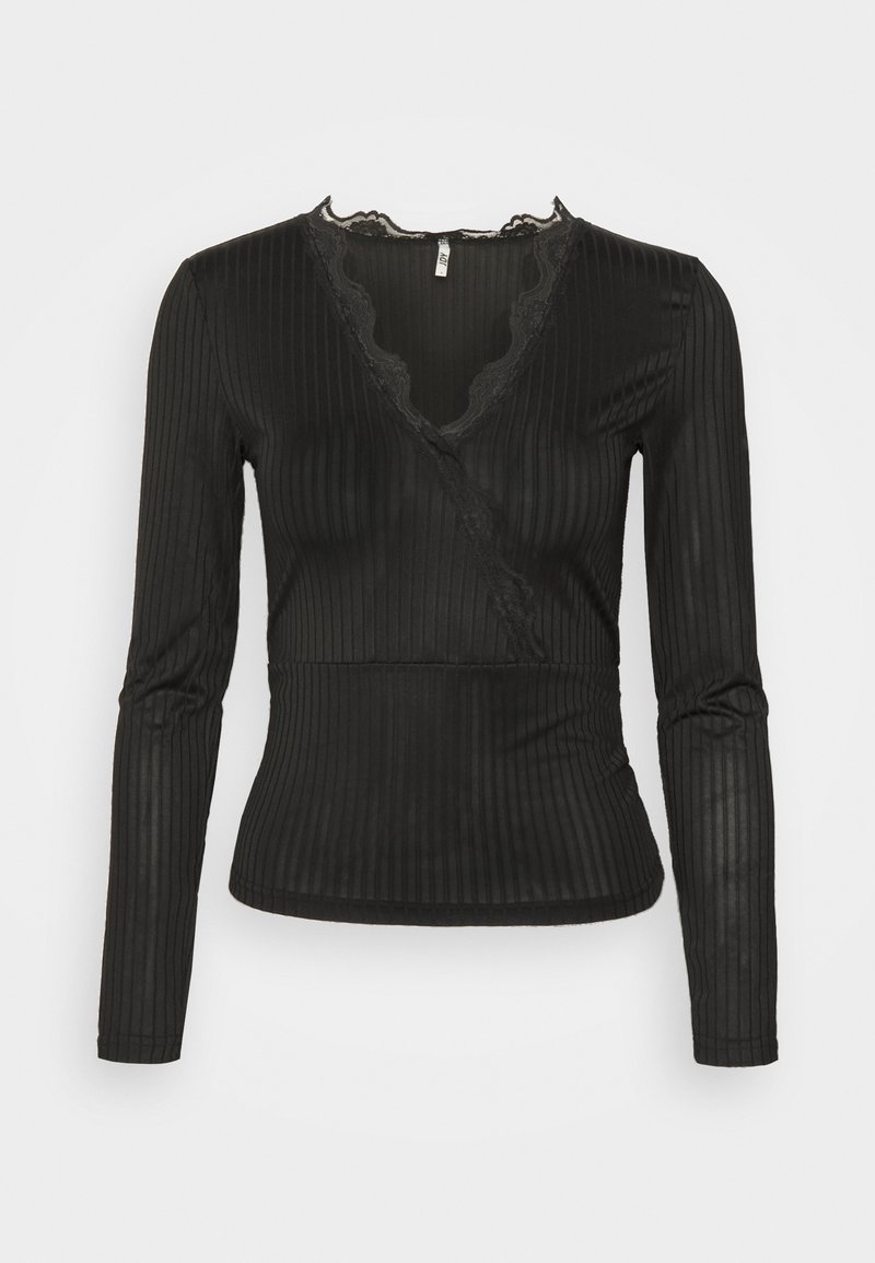 Svart langermet topp med ribbestruktur, omslagsdesign og blonder langs halslinjen. Tettsittende silhuett med en jevn finish.