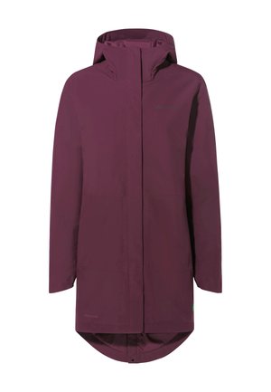 Giacca impermeabile viola con cappuccio, chiusura frontale con zip, due grandi tasche e una parte posteriore più lunga per una maggiore copertura.