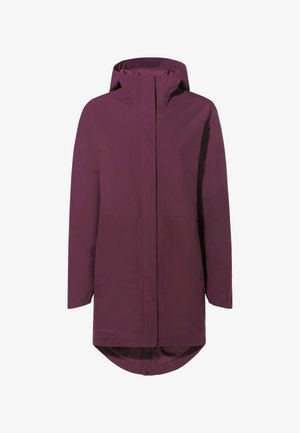 Giacca impermeabile viola con cappuccio, chiusura frontale con zip, due grandi tasche e una parte posteriore più lunga per una maggiore copertura.