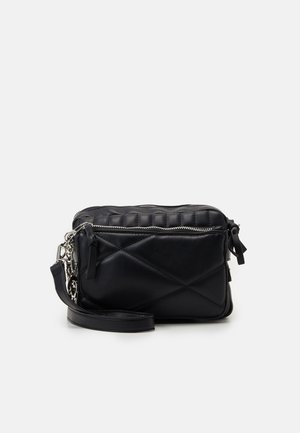 Black rectangular crossbody bag with quilted diamond pattern, silver zipper, and detachable strap on a plain white background.