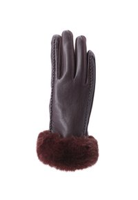 Guanto in pelle marrone scuro con design a tre dita, cuciture decorative e un polsino in pelliccia spessa e soffice.