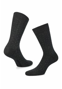 Ciemnoszare skarpetki w jasnoniebieskie kropki, z prążkowanym wykończeniem u góry i wzmocnioną piętą. Materiał wydaje się miękki i dziany, co zapewnia wygodne dopasowanie.