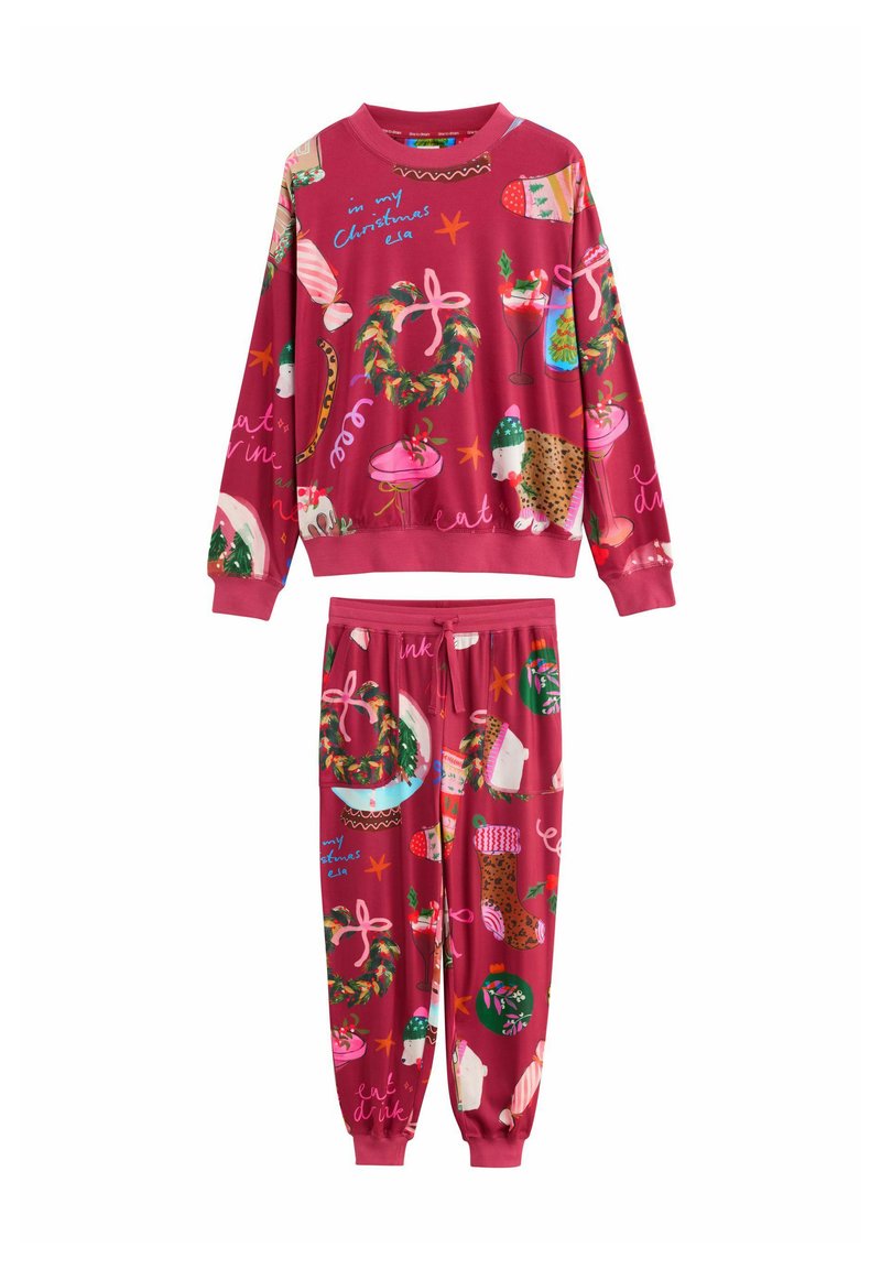 Red Christmas-themed sweatshirt and pants set with wreaths, stockings, polar bears, drinks, and festive text patterns.