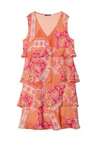 Mittel-lang ärmelloses Kleid mit einem lebhaften lila, orange und cremefarbenen Paisleymuster, das mit rüschierten Schichten und einem V-Ausschnitt versehen ist.