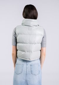 Gilet imbottito senza maniche di colore grigio chiaro con colletto alto, realizzato in un materiale liscio, con un logo sottile e chiusura con zip in fondo.