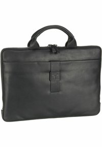 Sort lædertaske til bærbar computer med to øverste håndtag, lynlåslukning og en forflap sikret med en lodret rem. Glat tekstur, minimalistisk design.