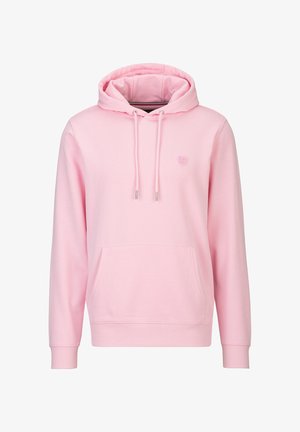 Lichtroze hoodie met buidelzak aan de voorkant, trekkoorden in de capuchon en een subtiel klein embleem op de linkerborst.