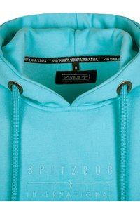 Light blue hooded sweatshirt with drawstrings, featuring a stitched logo and a label indicating size M and cold protection feature.