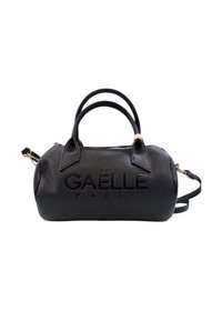 Borsa a mano cilindrica nera in pelle con doppio manico, tracolla staccabile e "GAËLLE PARIS" impresso sul davanti.