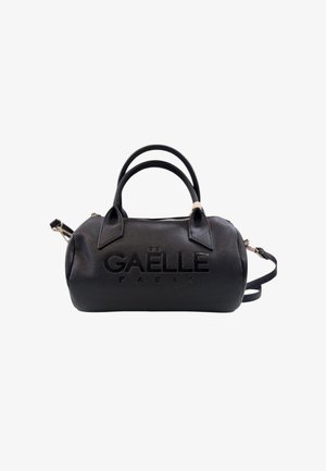 Borsa a mano cilindrica nera in pelle con doppio manico, tracolla staccabile e "GAËLLE PARIS" impresso sul davanti.