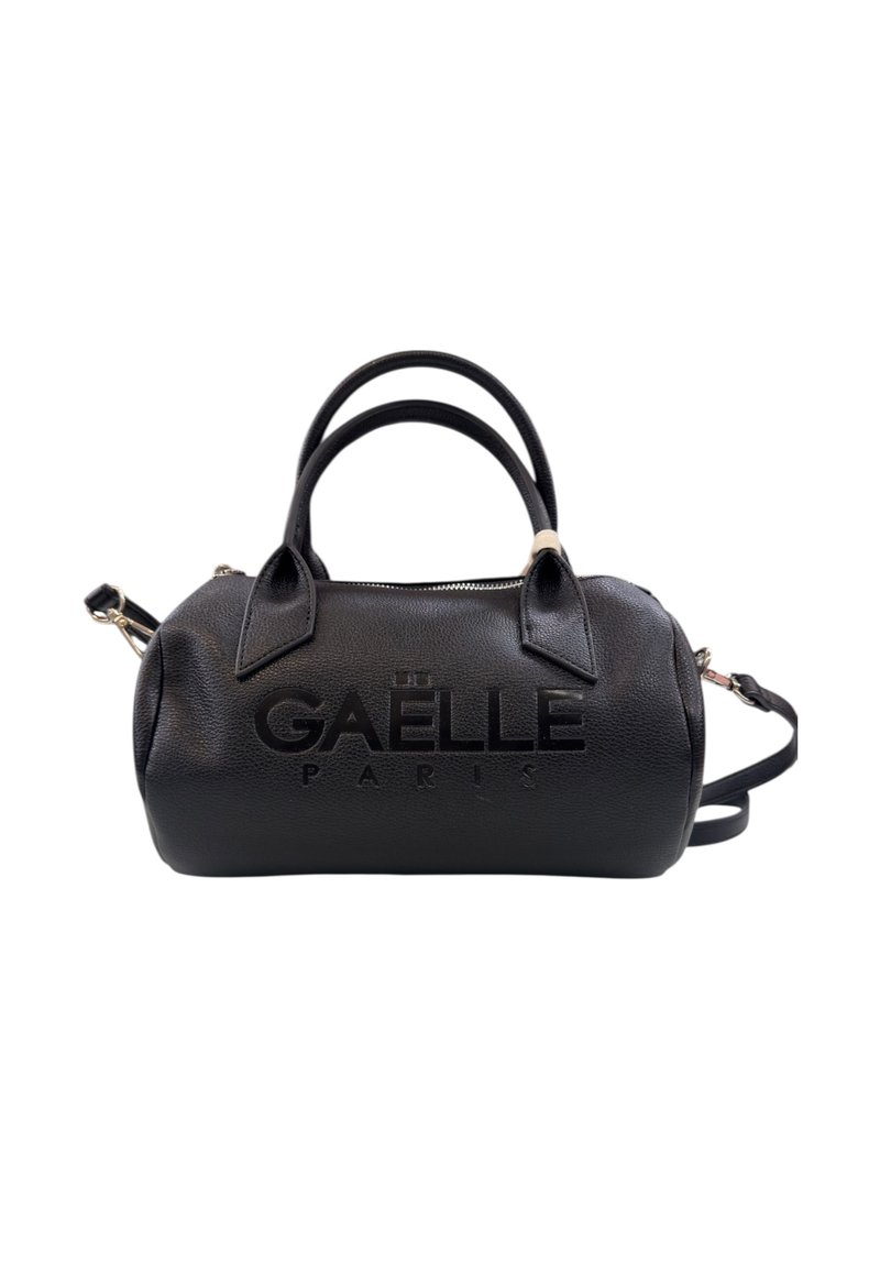 Borsa a mano cilindrica nera in pelle con doppio manico, tracolla staccabile e "GAËLLE PARIS" impresso sul davanti.