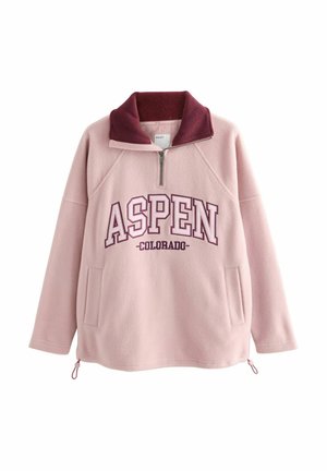 Világos rózsaszín fleecpulóver bordó gallérral, amelyen fehér színnel az "ASPEN COLORADO" felirat található, oldalsó zsebbel és állítható derékkal.