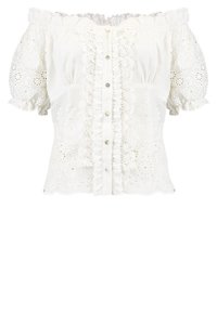 Bílá off-shoulder blůza s nafouklými rukávy, krajkovým lemem, výšivkou s otvorováním, květinovými motivy a zapínáním na knoflíky vpředu.