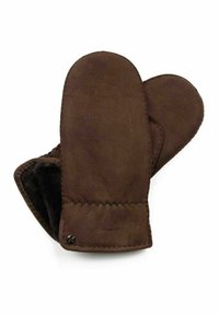 Braune Lederhandschuhe mit einem weichen, strukturierten Innenfutter. Mit einem gerafften Handgelenk und einem kleinen runden Logodetail. Klassisches Design.