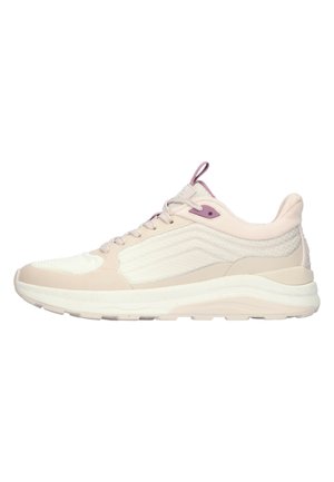 Beige og hvid lavtop-sneaker med teksturerede stofpaneler, polstret krave, lilla øjlelignende accenter og tyk polstret sål.