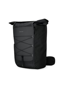 Sac à dos noir à enroulement avec corde élastique à l'avant, poche latérale zippée et logo Kapten & Son sur panneau lisse.